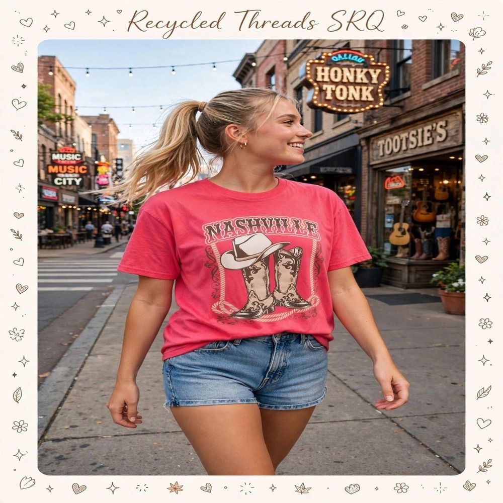 Rebellious One Pink Nashville Cowboy Boots Graphic Tee Womens Large